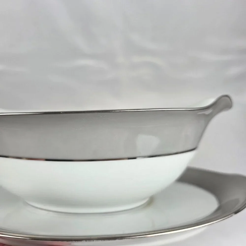Sango Plantina Gravy Boat with Underplate Gray Band Platinum Trim
